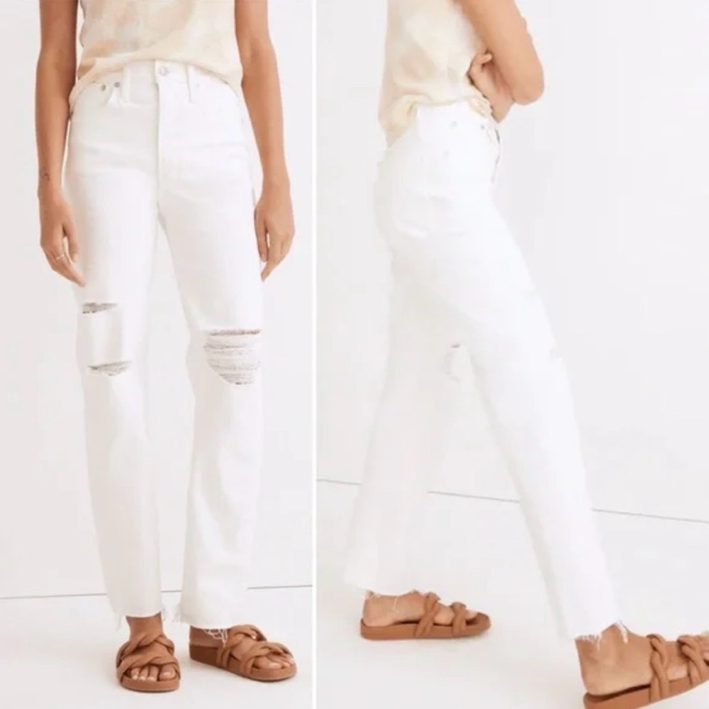 Madewell Perfect Vintage Straight Jeans Tile White Ripped Knee Raw Hem